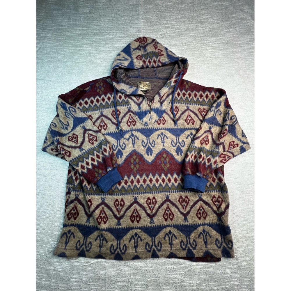 Vintage Southwest Geometric Knit Sweater Vest Blue Burgundy Heart Pattern V-Neck
